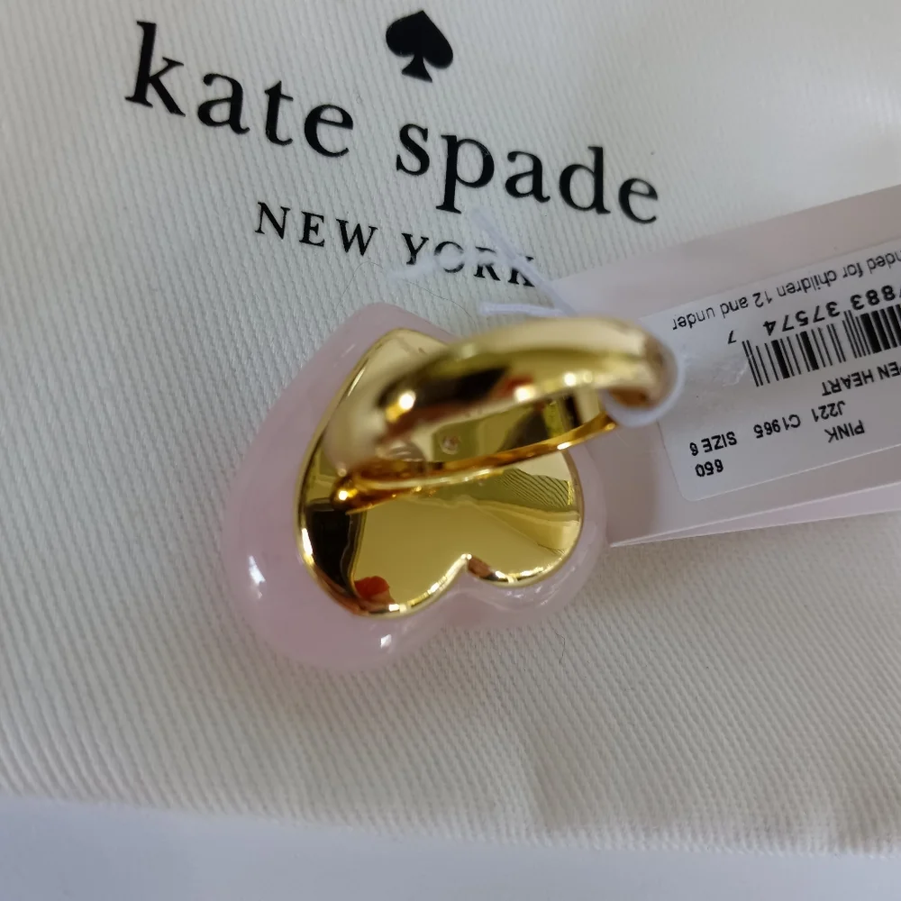NWT Kate Spade Open Heart  Pink Quartz Stone + Goldtone Ring Size 6